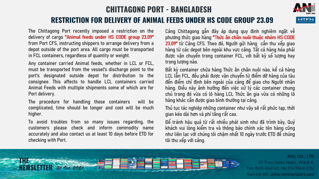 The Newsletter RESTRICTION FOR DELIVERY OF ANIMAL FEEDS UNDER HS CODE