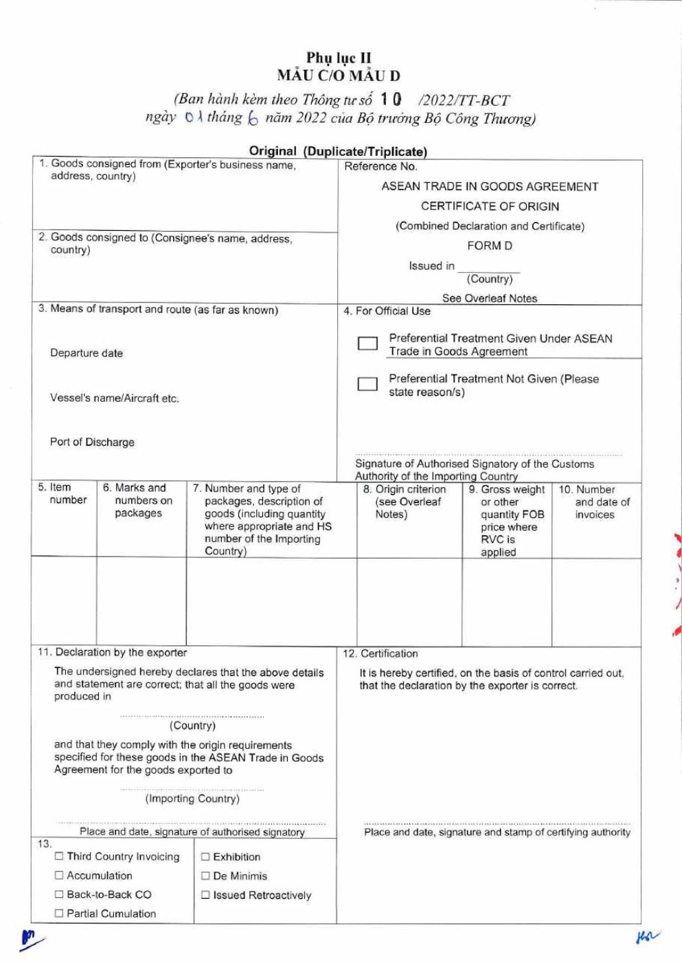 THE NEWSLETTER: THÔNG TƯ SỐ 10/2022/TT-BCT VỀ C/O FORM D – ANC CO.,Ltd